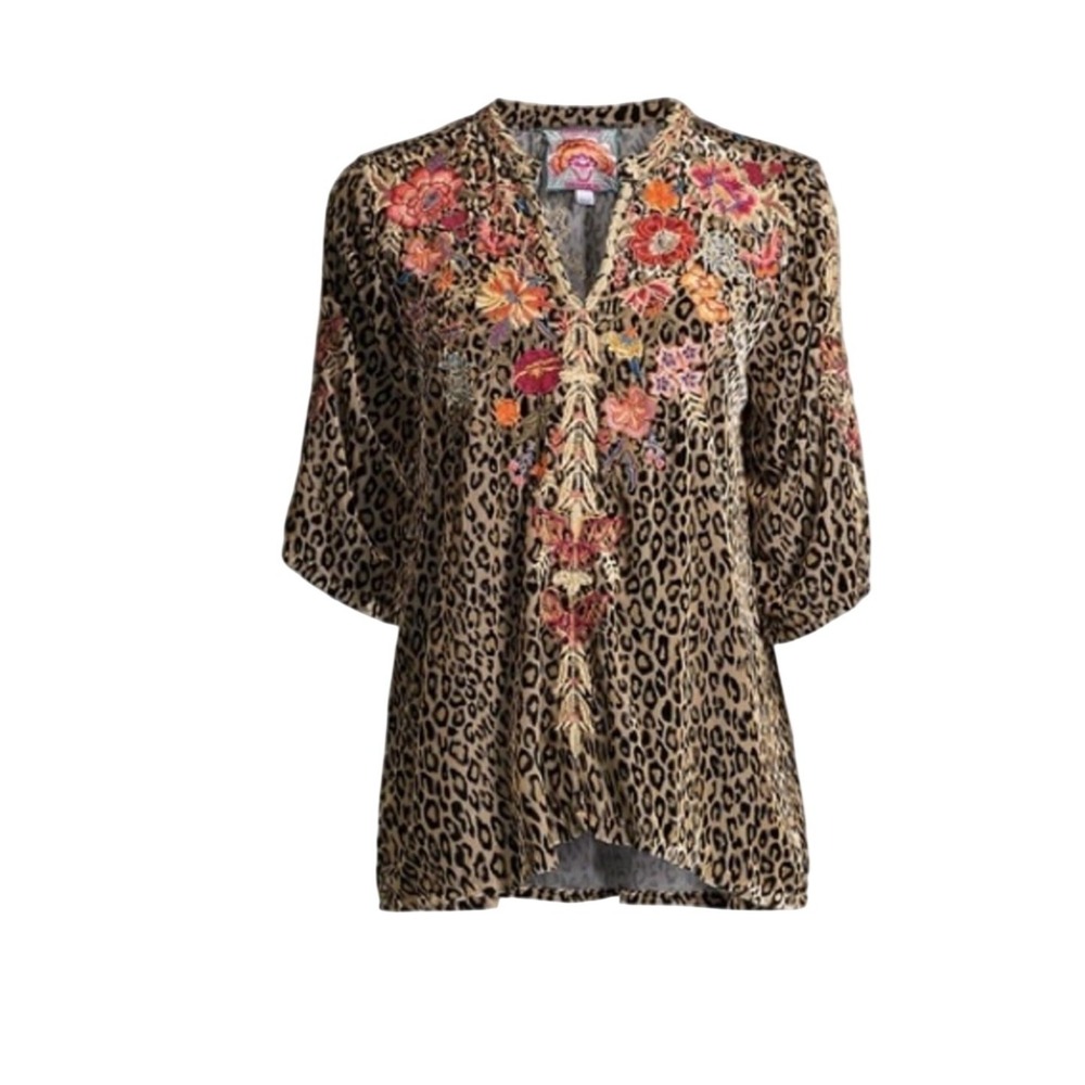 Johnny Was Leopard Silk Velvet Embroidered Floral Butterfly Tunic Top Medium